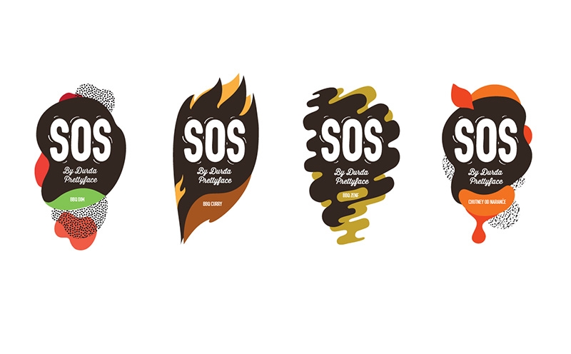 調(diào)味品包裝設(shè)計(jì)四種不同的酸甜口味——燒烤粉、燒烤咖喱醬、燒烤芥末醬和酸辣粉