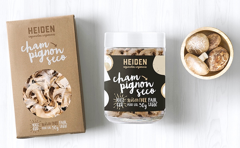 農產品干貨干蘑菇包裝設計，采用環保的紙盒、布袋和可降解塑料作為包裝材料