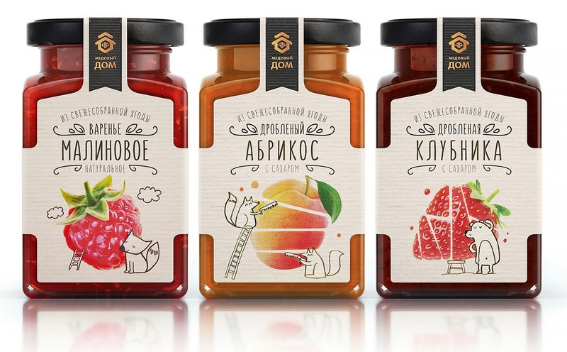 漿果包裝設計,活潑的動物特性,收獲的果醬,有益的切碎的漿果與糖